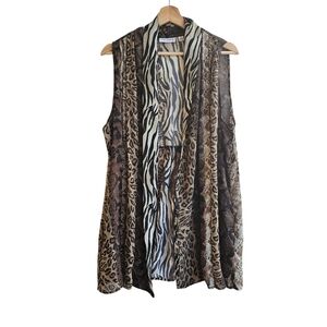 Susan Graver Animal Print Semi-Sheer Open Vest Layering Piece Lagenlook Size L